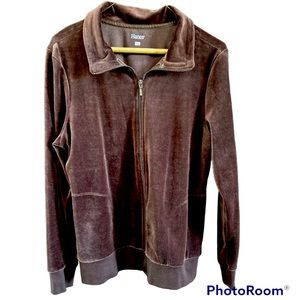 Hanes. Chocolate Brown Soft Velour Zip Front Jacket Size Large